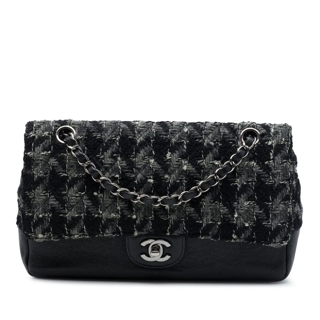 Chanel Medium Classic Tweed and Caviar Double Flap Black Very good - Front View