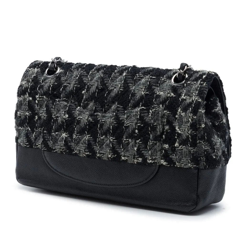 Chanel Medium Classic Tweed and Caviar Double Flap Black Very good - Back View