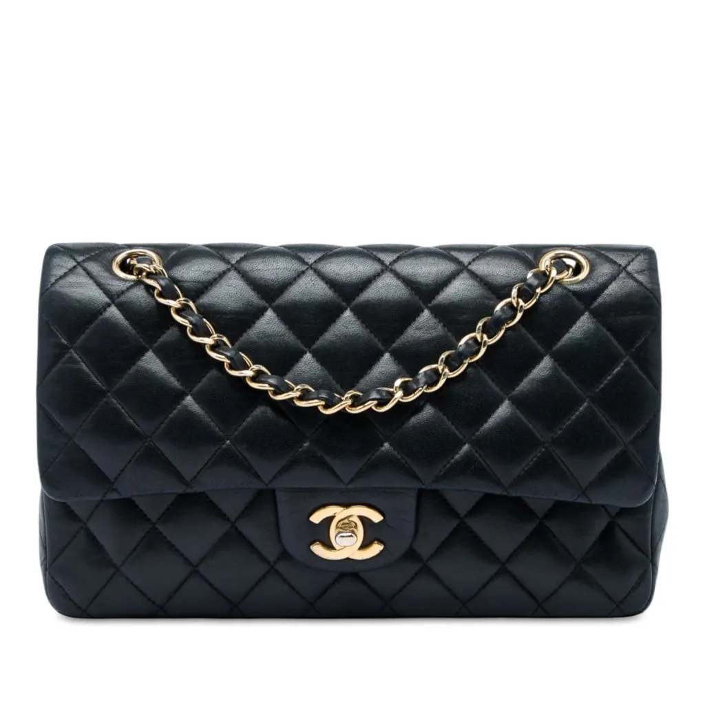 Chanel Medium Classic Lambskin Double Flap Black Leather Very good - Front View