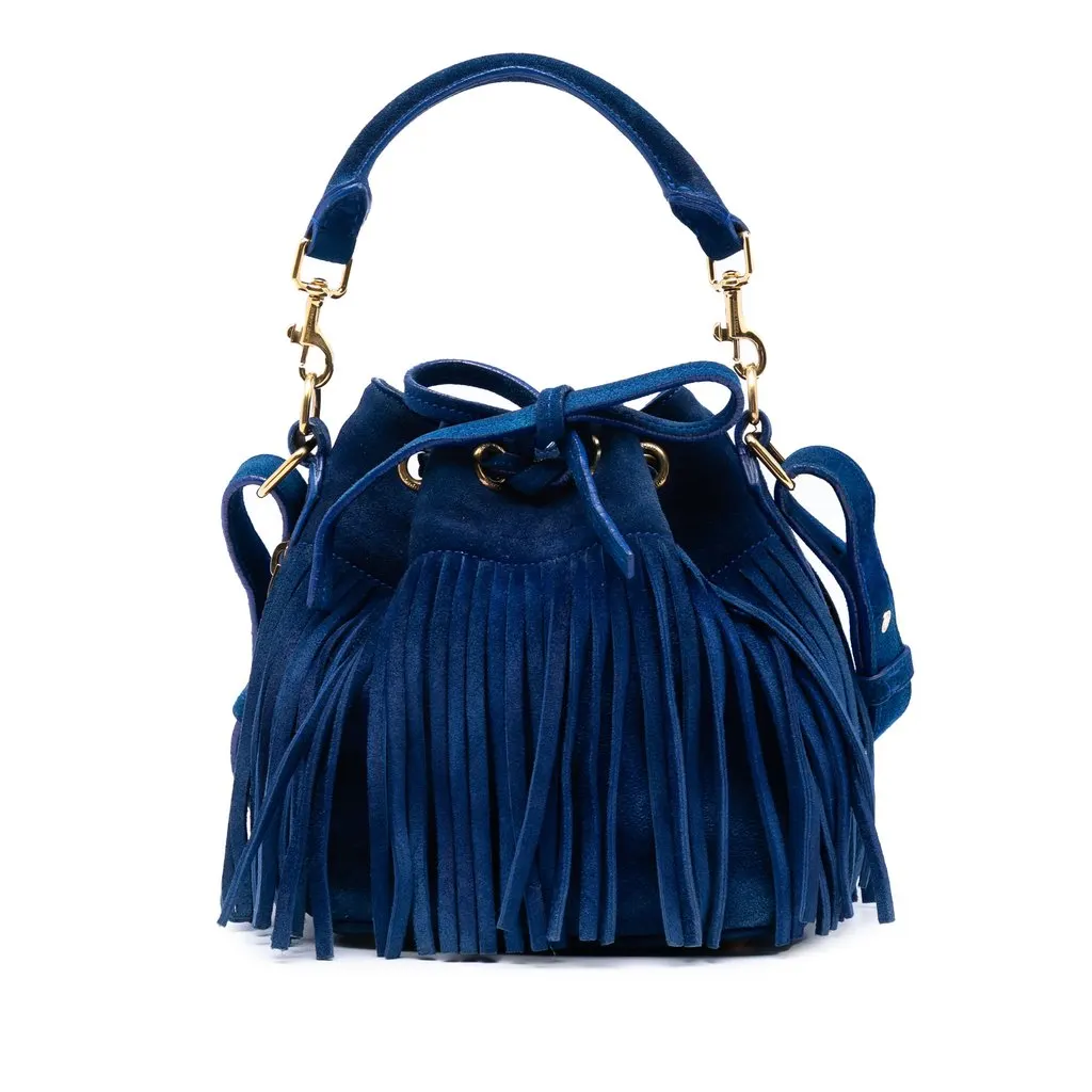 Saint Laurent Small Suede Emmanuelle Fringe Bucket Bag Blue Leather Very good - Front View