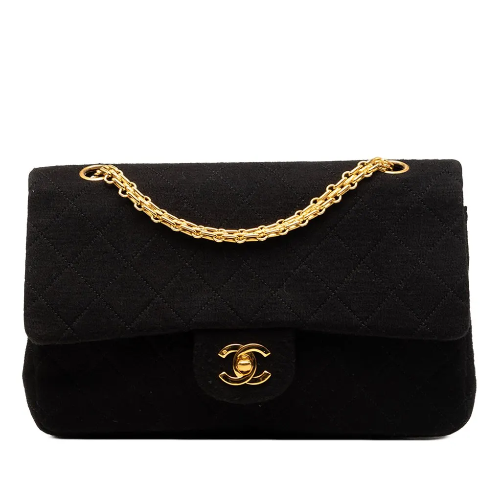 Chanel Medium Classic Jersey Bijoux Chain Double Flap Black Good - Front View