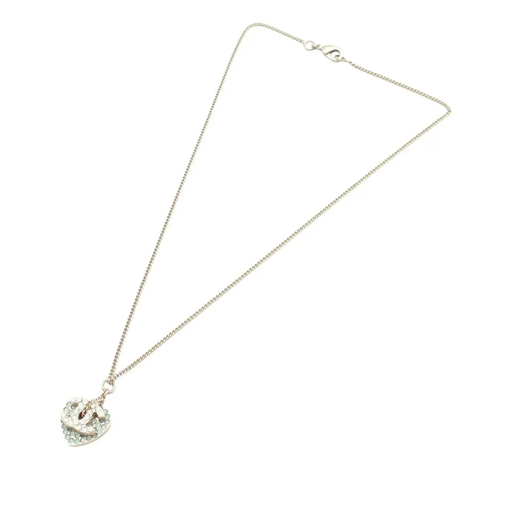 Chanel Gold Plated Rhinestone CC Logo and Heart Pendant Necklace Gold Metal Very good - Front View