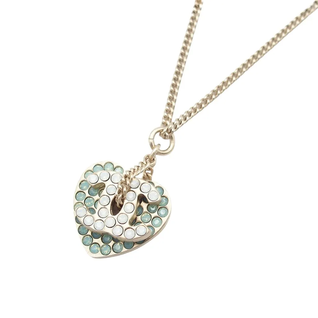 Chanel Gold Plated Rhinestone CC Logo and Heart Pendant Necklace Gold Metal Very good - Back View