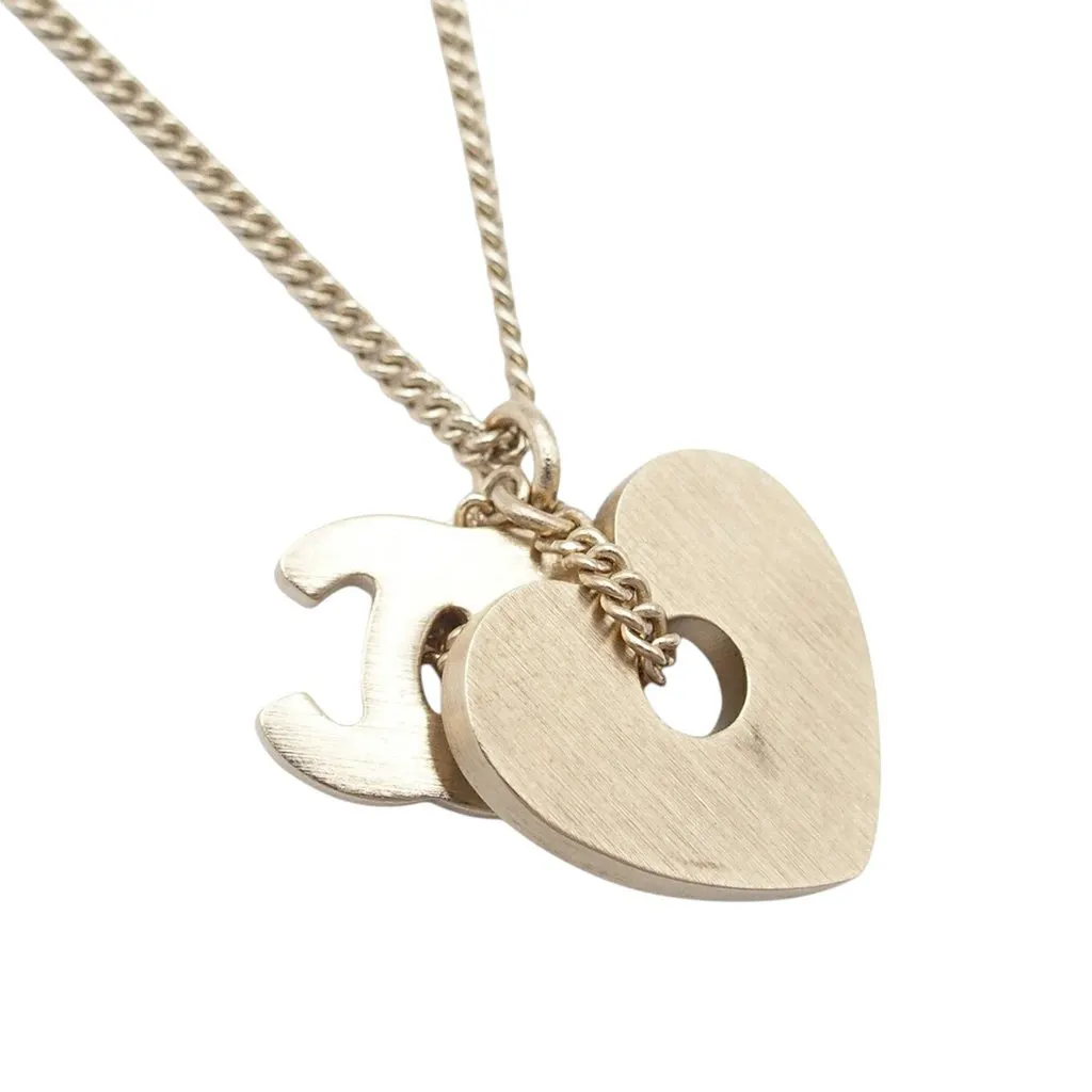Chanel Gold Plated Rhinestone CC Logo and Heart Pendant Necklace Gold Metal Very good - Model View