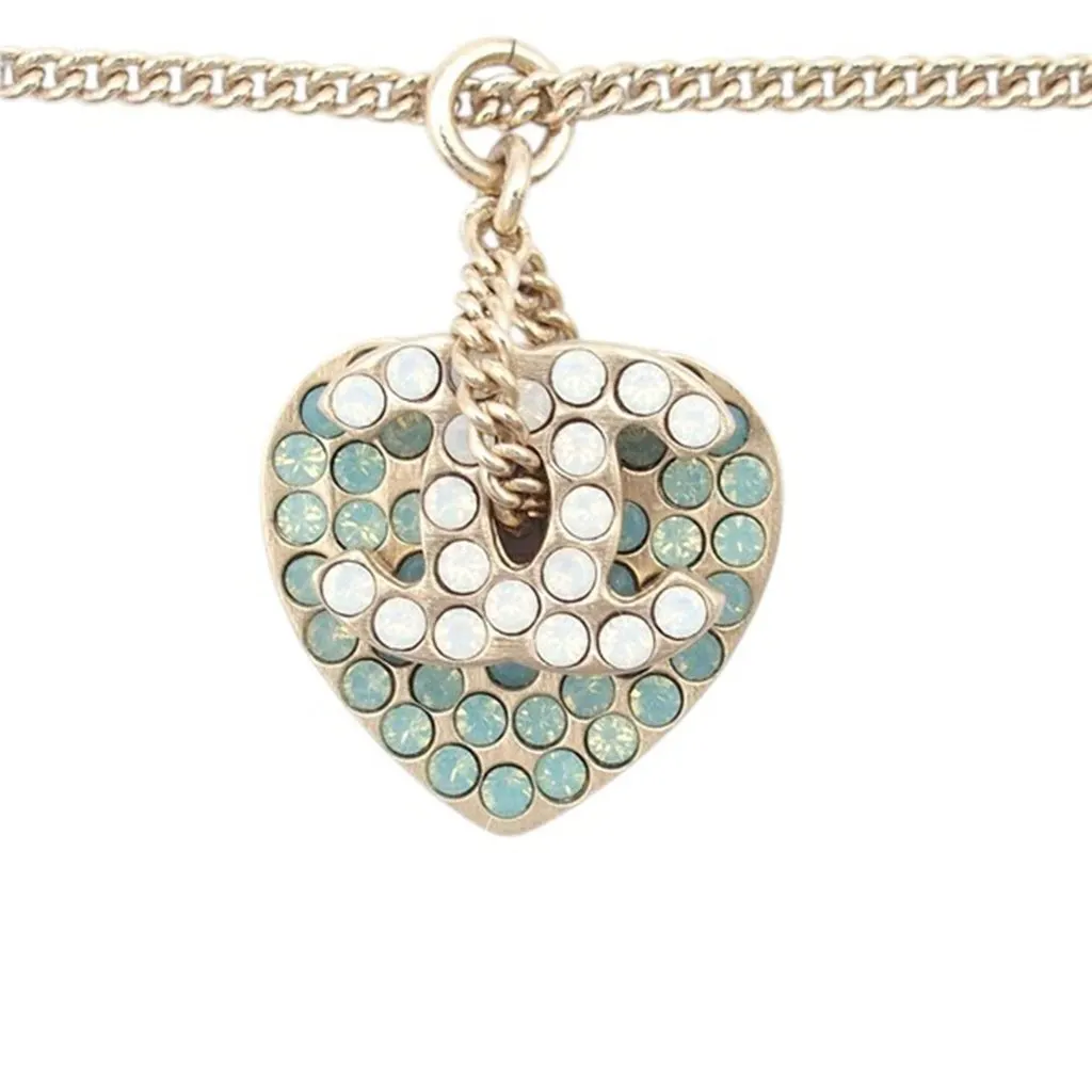 Chanel Gold Plated Rhinestone CC Logo and Heart Pendant Necklace Gold Metal Very good - Box View