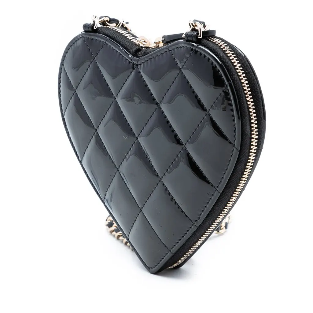 Chanel Quilted Patent Duo Heart Clutch with Chain Black Leather Very good - Back View