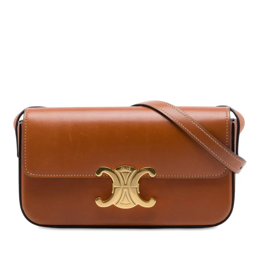 Celine Shiny Calfskin Claude Shoulder Bag Brown Leather Very good - Front View