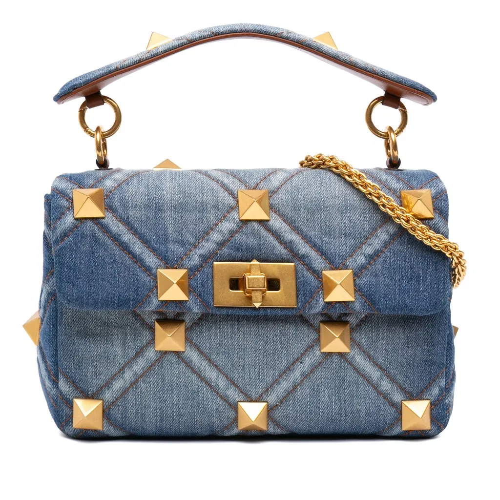 Valentino Medium Denim Roman Stud Satchel Blue Very good - Front View