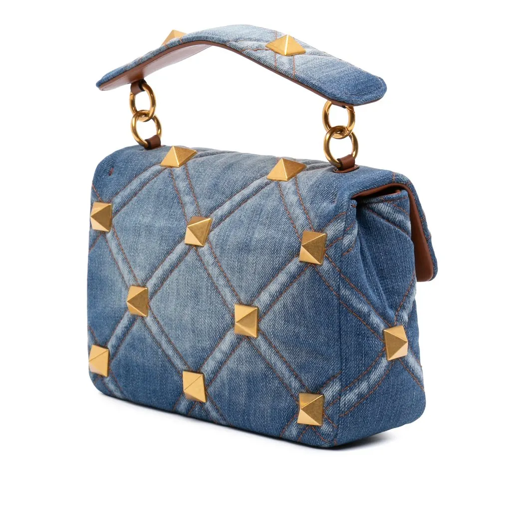 Valentino Medium Denim Roman Stud Satchel Blue Very good - Back View