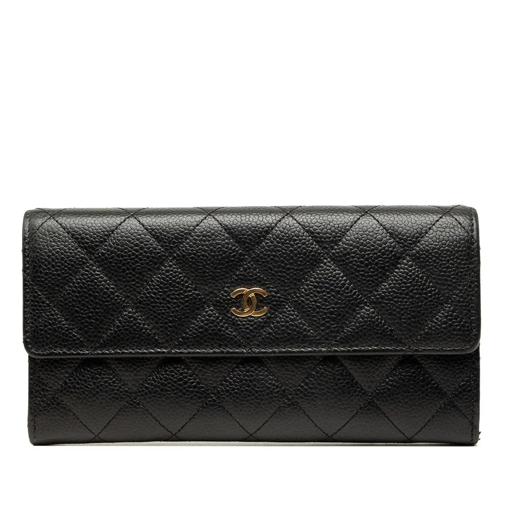 Chanel CC Quilted Caviar Flap Long Wallet Black Leather Very good - Front View