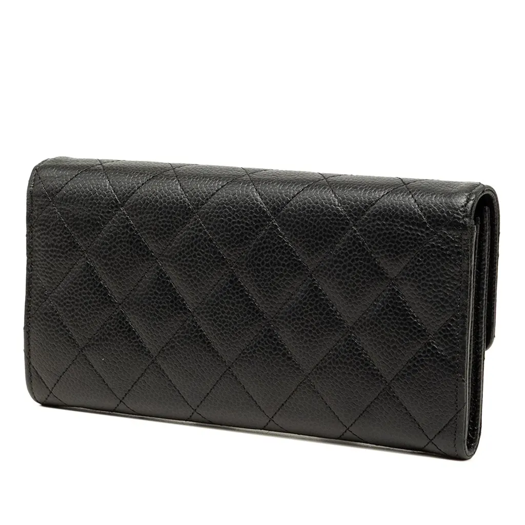 Chanel CC Quilted Caviar Flap Long Wallet Black Leather Very good - Back View