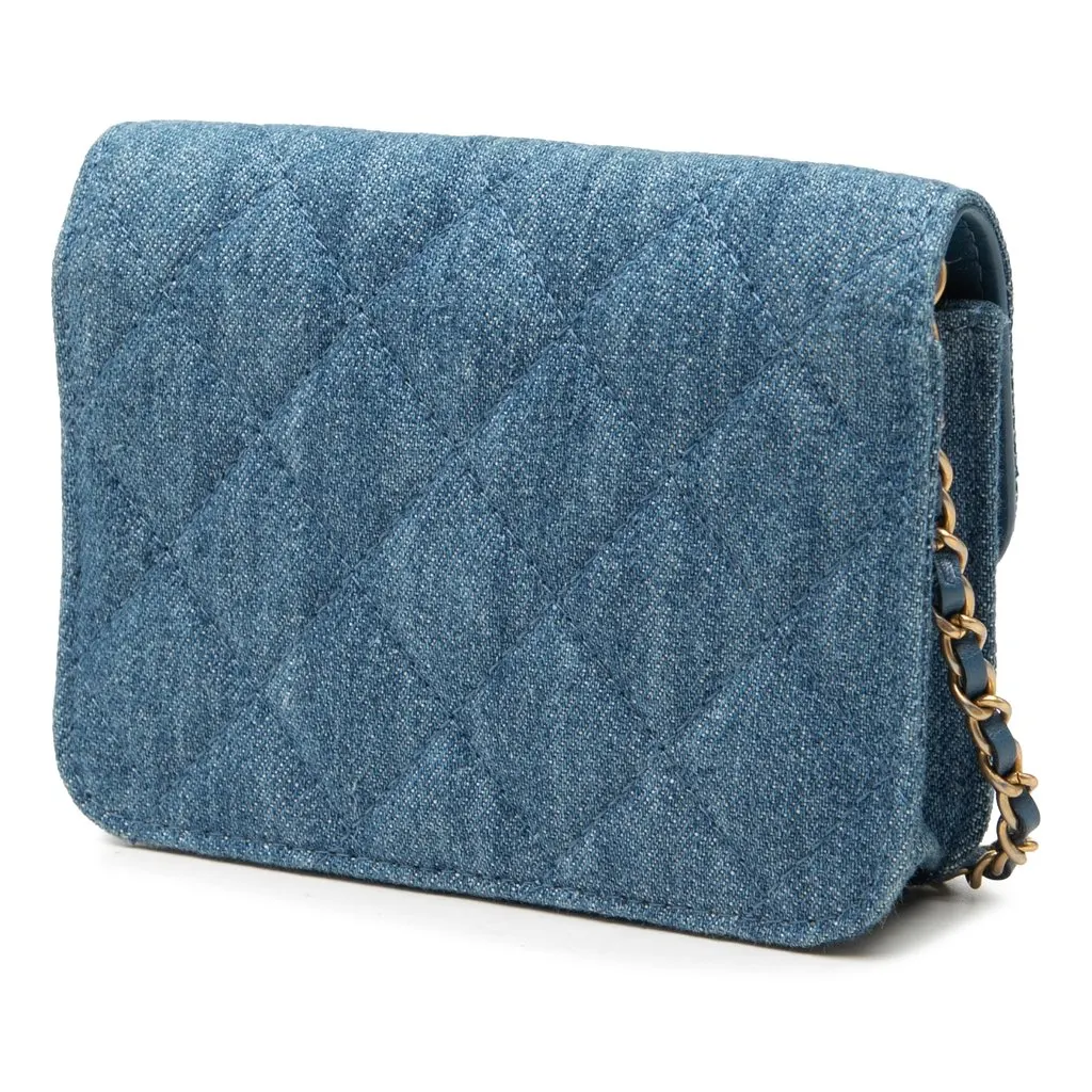 Chanel Mini Quilted Denim Pearl Crush Clutch with Chain Blue Very good - Back View