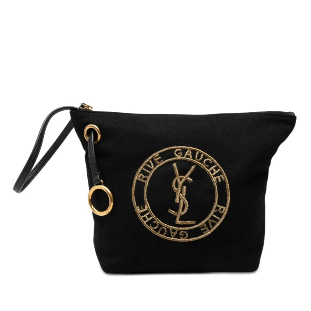 Saint Laurent Wool Embroidered Rive Gauche Pouch Black Very good - Front View