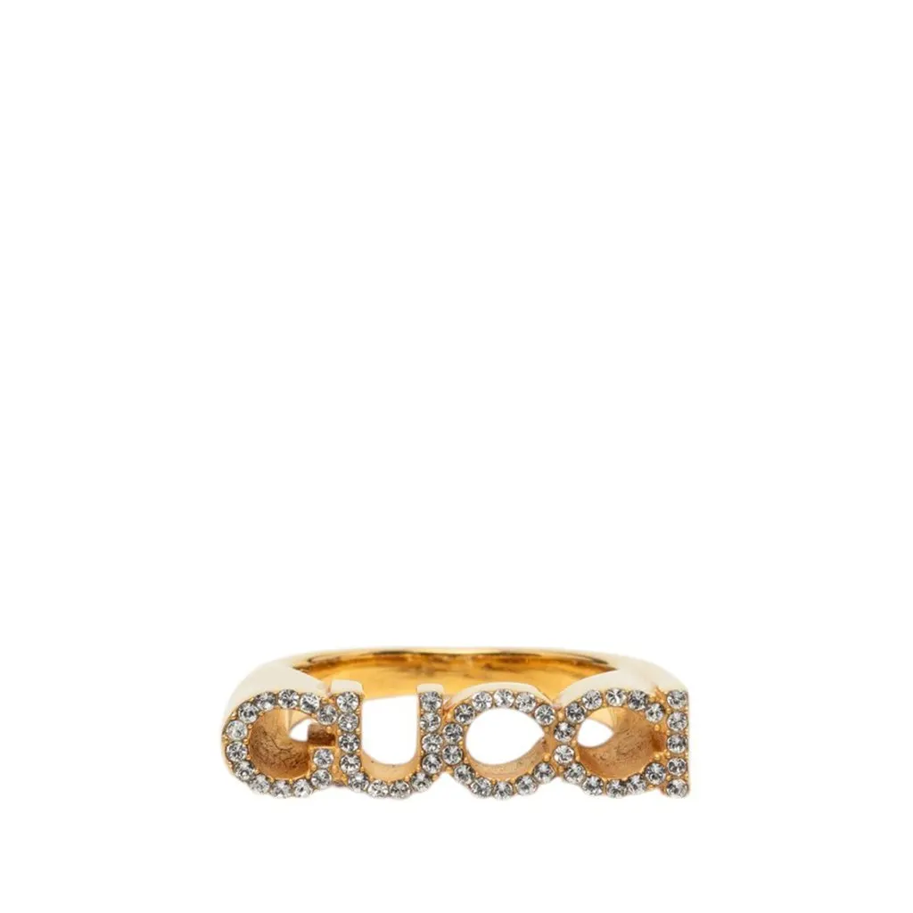 Gucci Gold Plated Strass Logo Letter Ring S Gold Metal Very good - Front View