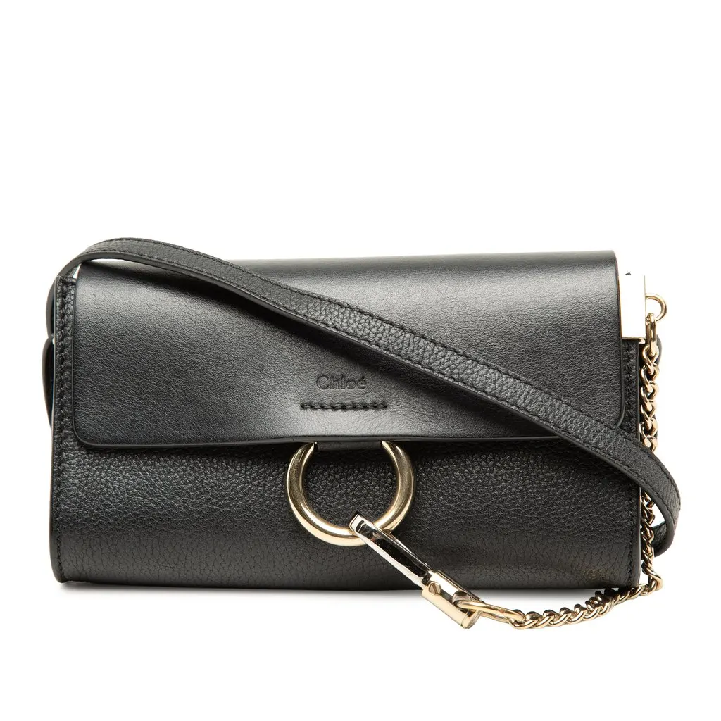Chloé Mini Smooth and Grained Calfskin Faye Chain Crossbody Black Leather Very good - Front View