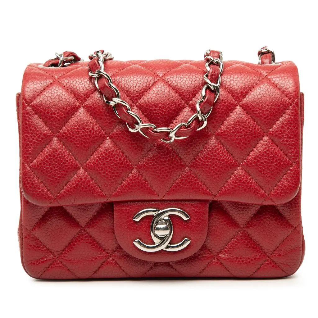 Chanel Mini Square Classic Caviar Single Flap Red Leather Very good - Front View