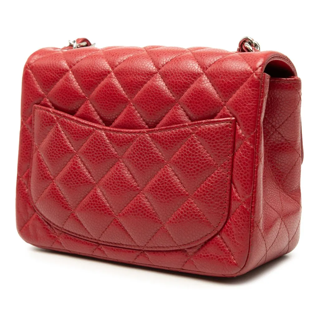 Chanel Mini Square Classic Caviar Single Flap Red Leather Very good - Back View