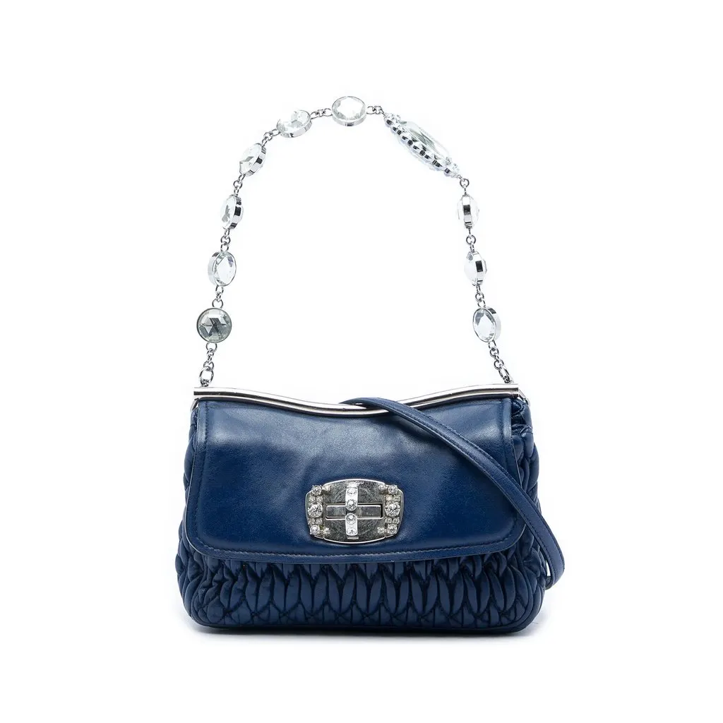 Miu Miu Matelasse Nappa Crystal Frame Flap Satchel Blue Leather Very good - Front View