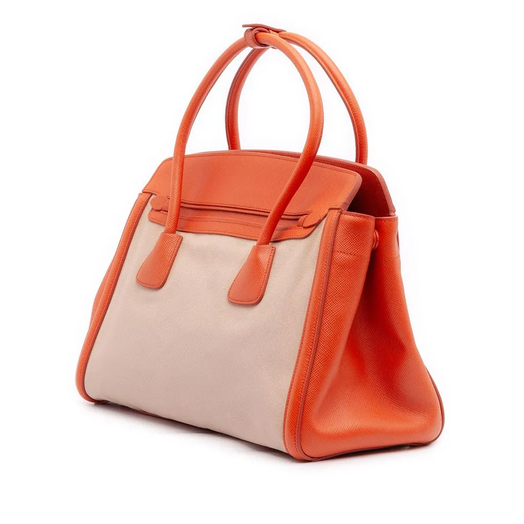 Prada Bicolor Saffiano Cuir Trimmed Canvas Satchel Beige Very good - Back View