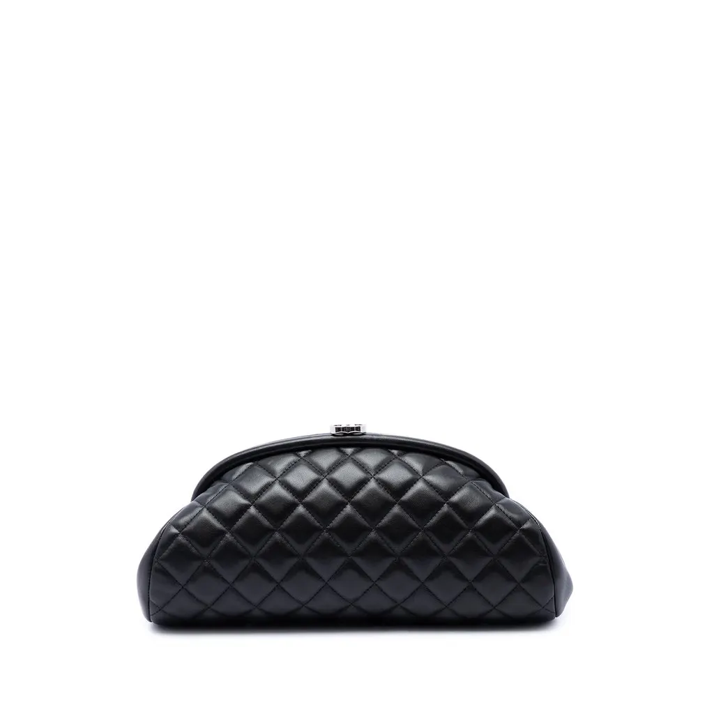Chanel Quilted Lambskin Frame Clutch Black Leather Very good - Front View