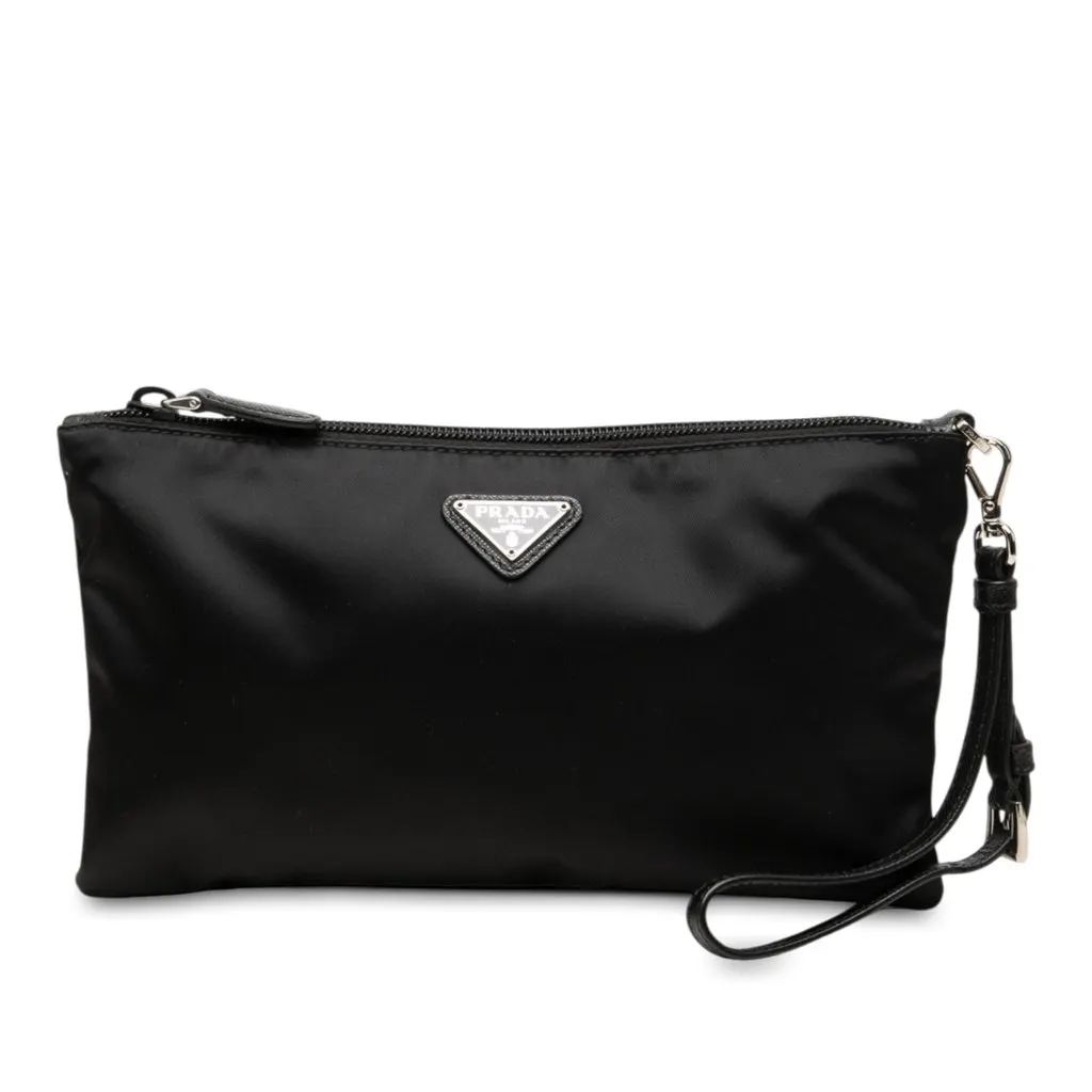 Prada Saffiano Trimmed Tessuto Wristlet Zip Pouch Black Polyamide Very good - Front View