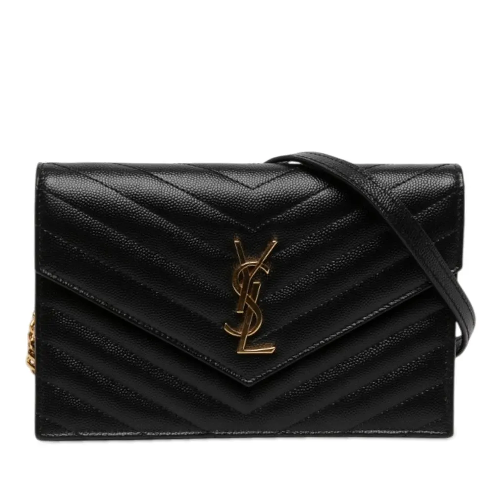 Saint Laurent Grain De Poudre Chevron Cassandre Envelope Chain Wallet Black Leather Very good - Front View
