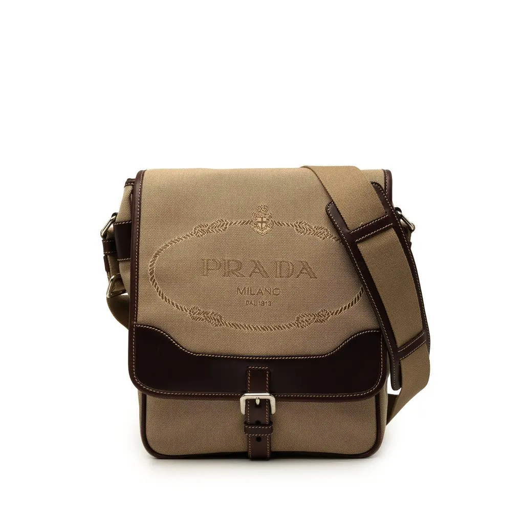 Prada Leather Trimmed Canvas Canapa Logo Buckle Messenger Bag