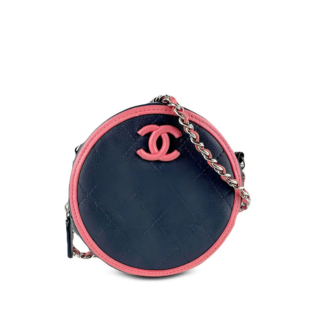 Chanel Quilted Lambskin Color Pop Round Clutch with Chain Blue Leather Very good - Front View