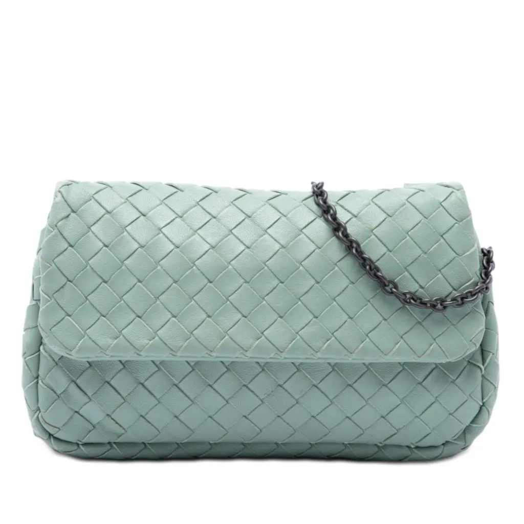 Bottega Veneta Mini Nappa Intrecciato Expandable Chain Flap Crossbody Green Leather Very good - Front View