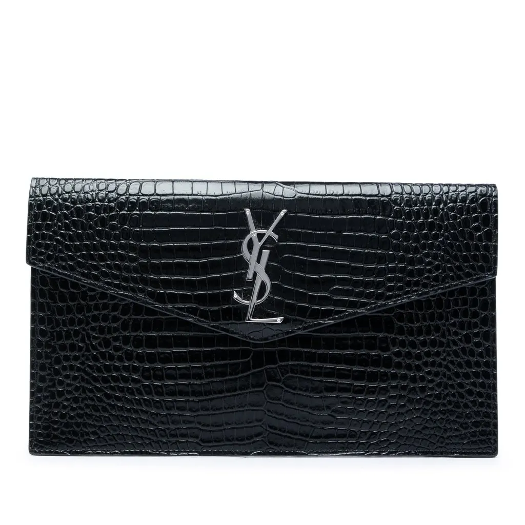 Saint Laurent Croc Embossed Leather Uptown Pouch Black Leather Very good - Front View