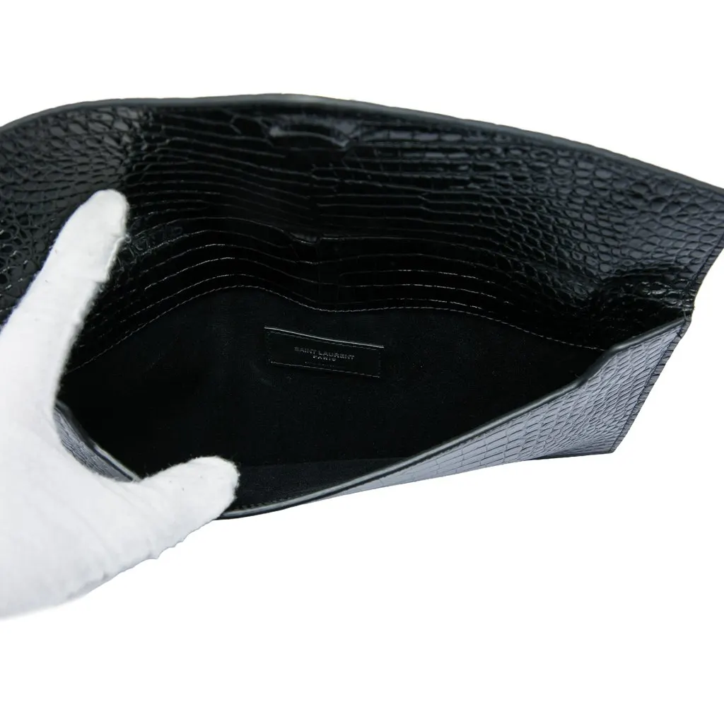 Saint Laurent Croc Embossed Leather Uptown Pouch Black Leather Very good - Model View