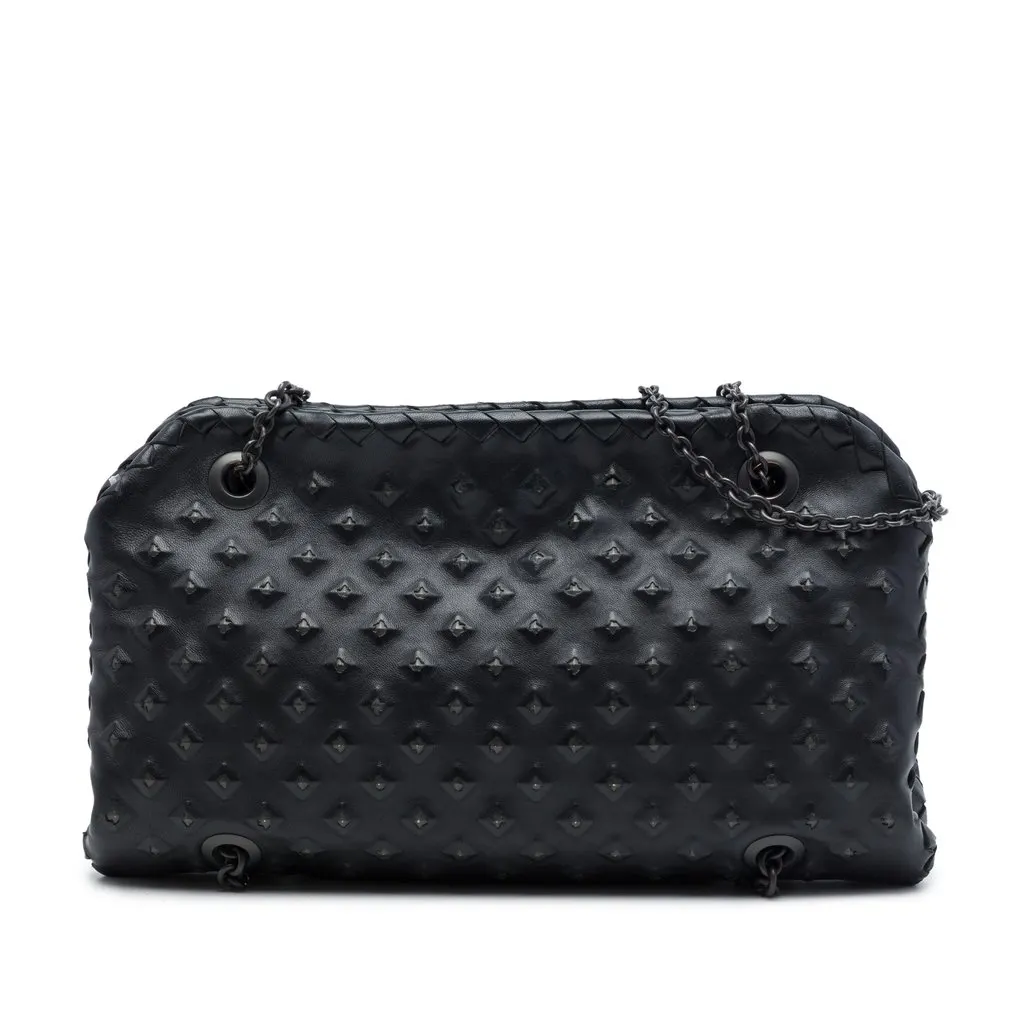 Bottega Veneta Intrecciato Trimmed Nappa Studded Duo Shoulder Bag Black Leather Very good - Front View
