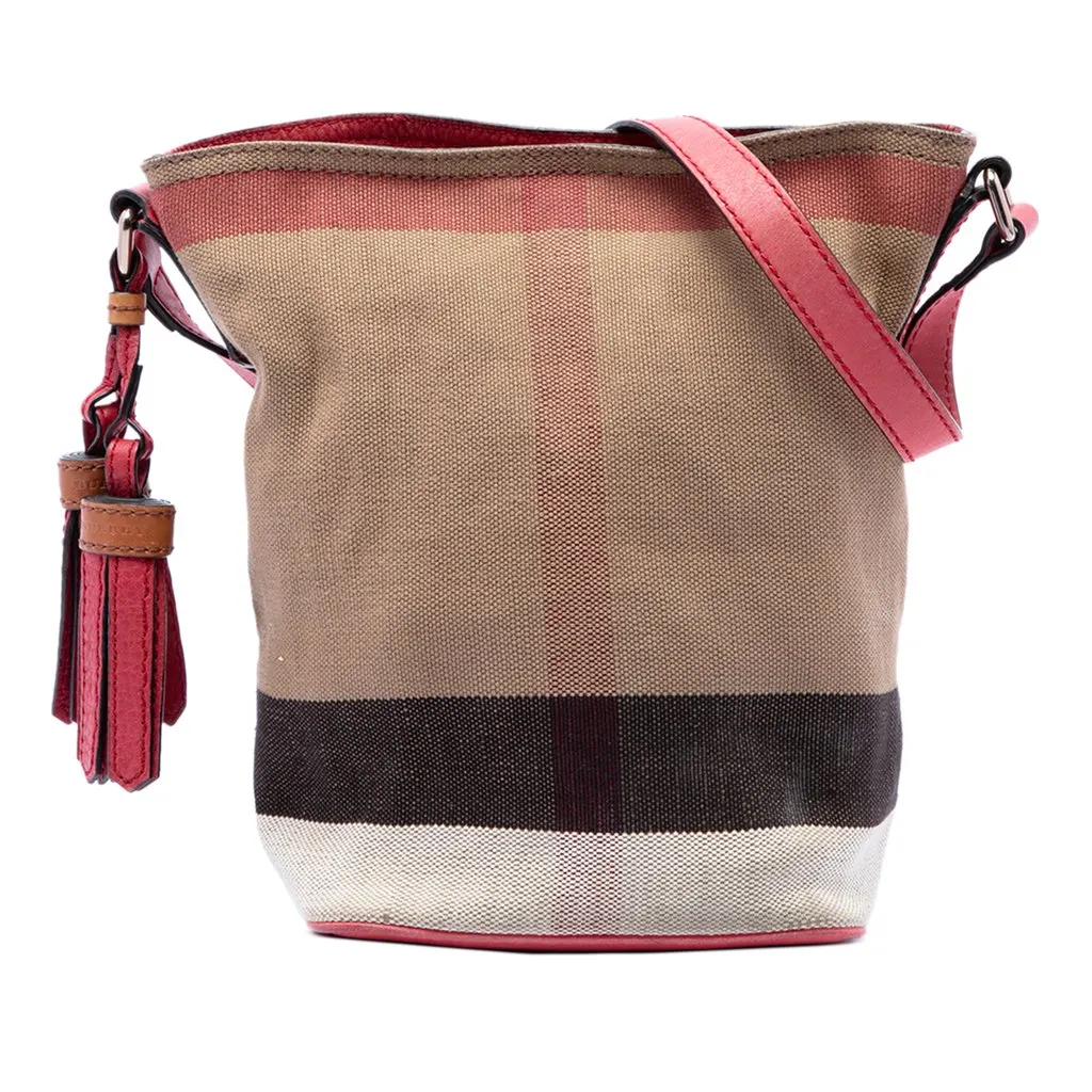 Burberry Mini Mega Check Canvas Ashby Tassel Bucket Bag Brown Canvas Good - Front View