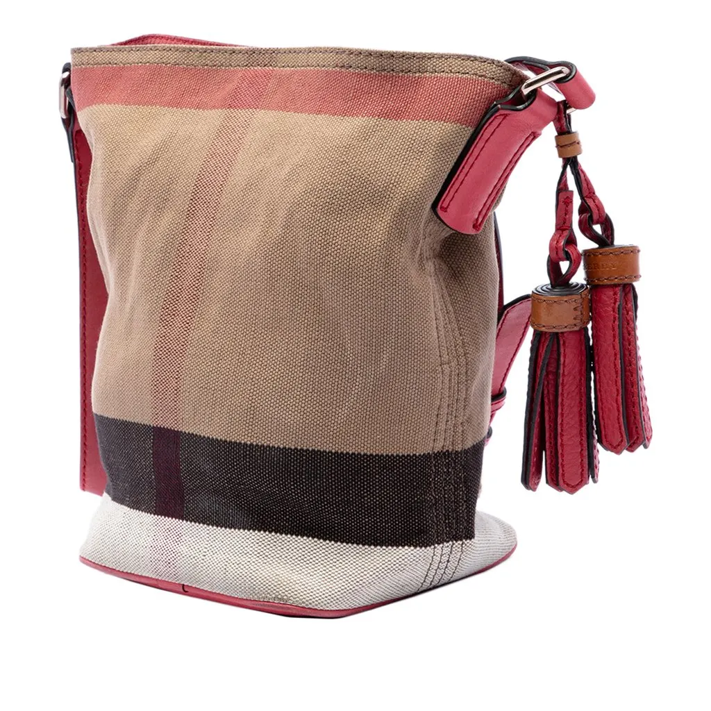 Burberry Mini Mega Check Canvas Ashby Tassel Bucket Bag Brown Canvas Good - Back View