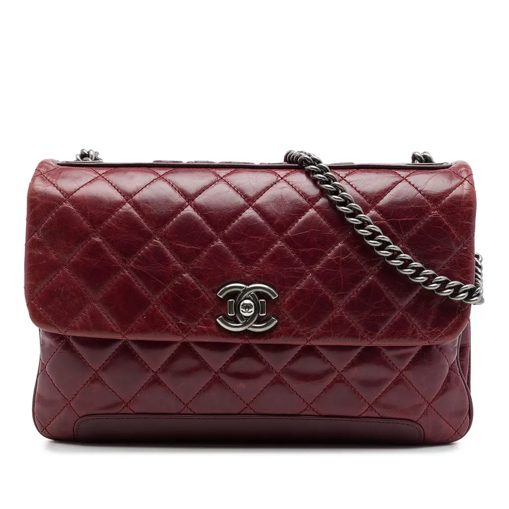 Chanel Quilted Aged Calfskin Logo Accordion Flap Red Leather Good - Front View