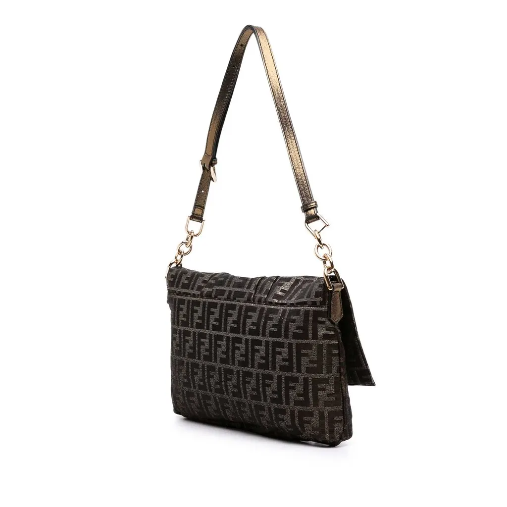 Fendi Large Zucca Canvas Glitter Mia Flap Shoulder Bag Brown Very good - Back View