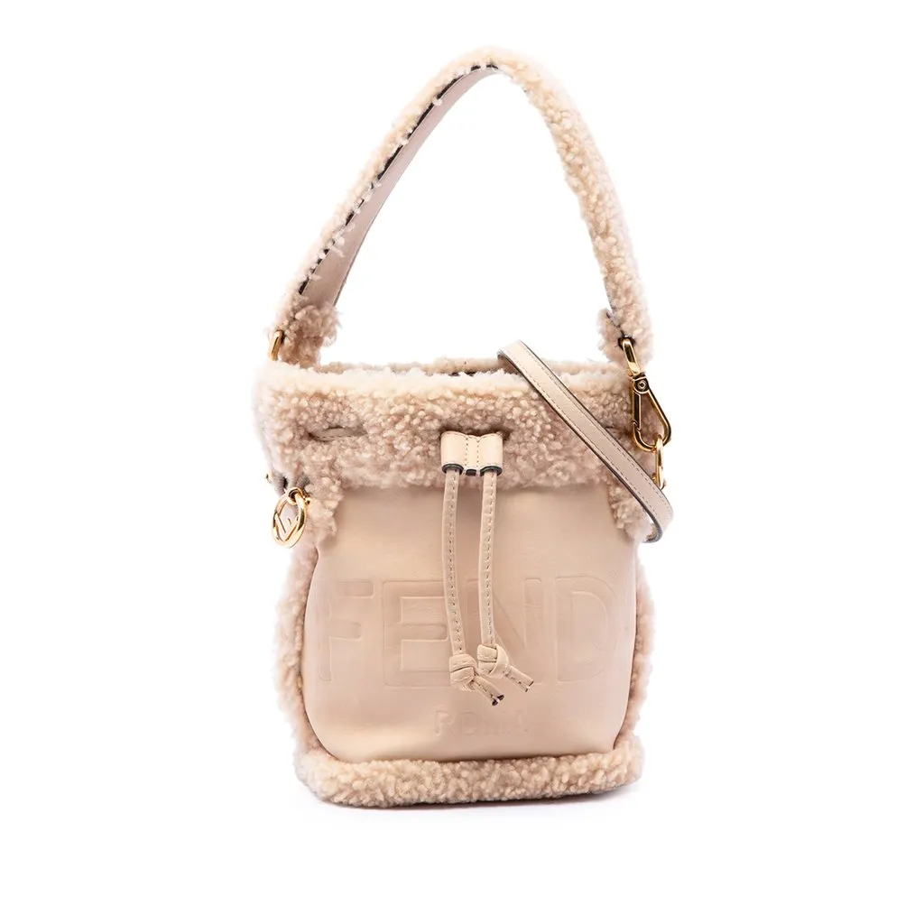 Fendi Mini Shearling Trimmed Leather Mon Tresor Bucket Bag Brown Leather Very good - Front View
