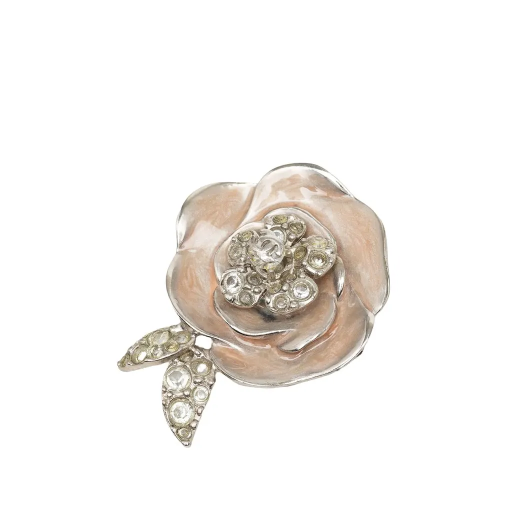 Chanel CC Brass Enamel Strass Camellia Brooch Silver Metal Very good - Front View