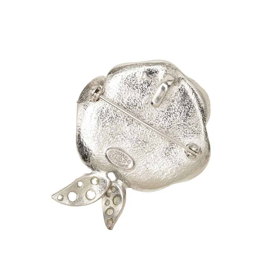 Chanel CC Brass Enamel Strass Camellia Brooch Silver Metal Very good - Back View