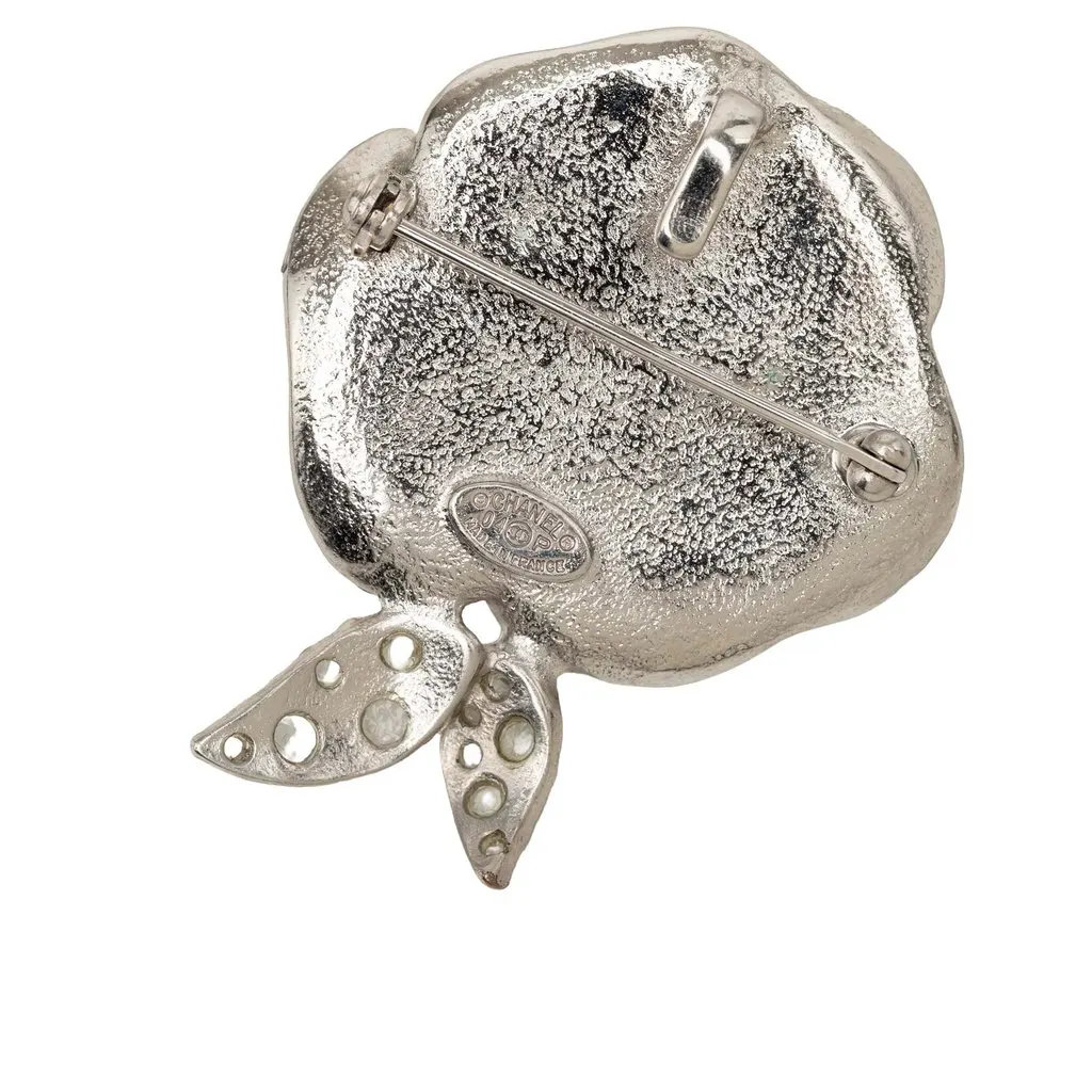 Chanel CC Brass Enamel Strass Camellia Brooch Silver Metal Very good - Inside View