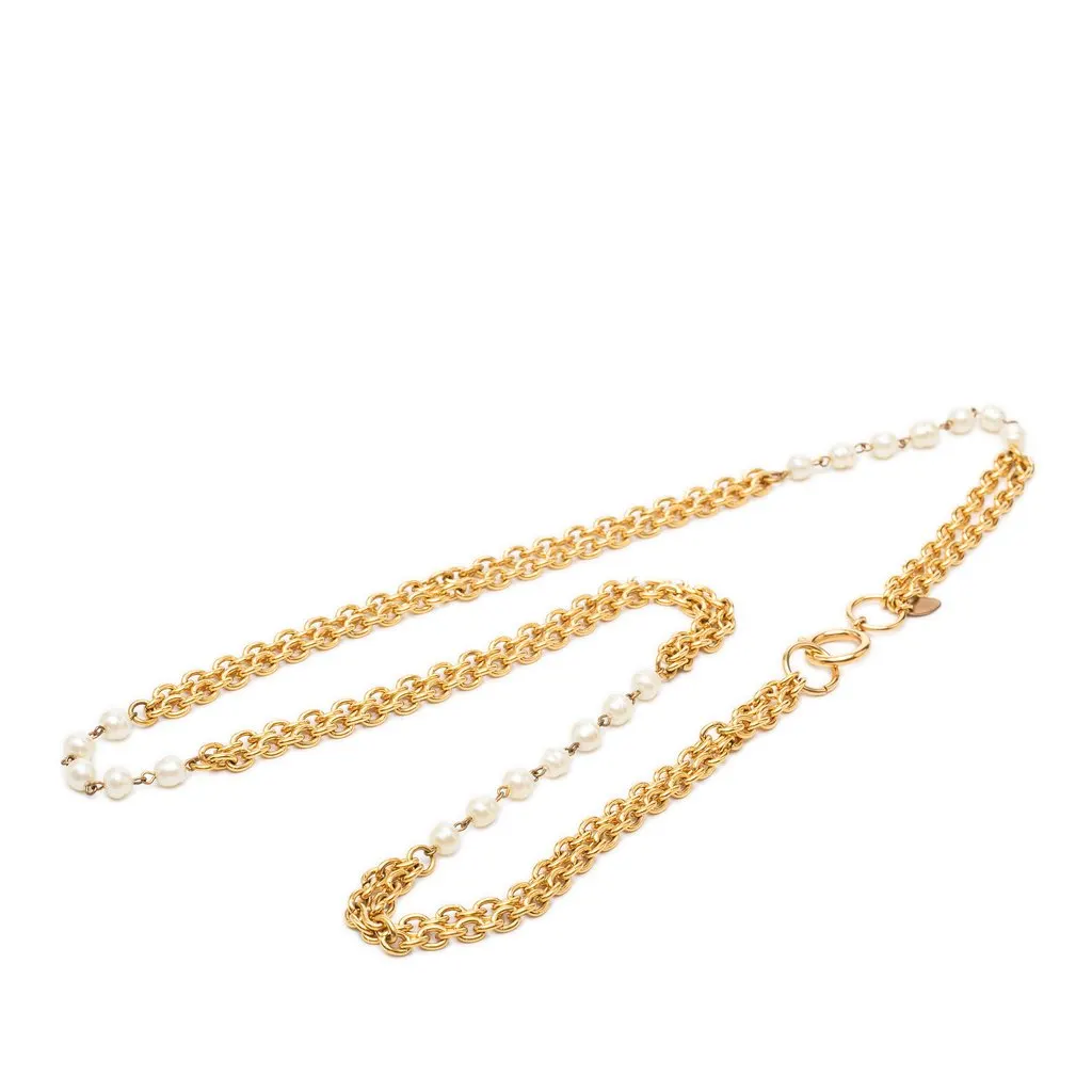 Chanel Gold Plated Faux Pearl Double Strand Necklace