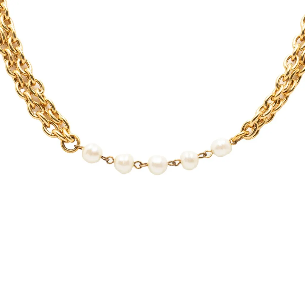 Chanel Gold Plated Faux Pearl Double Strand Necklace Gold Metal Very good - Inside View