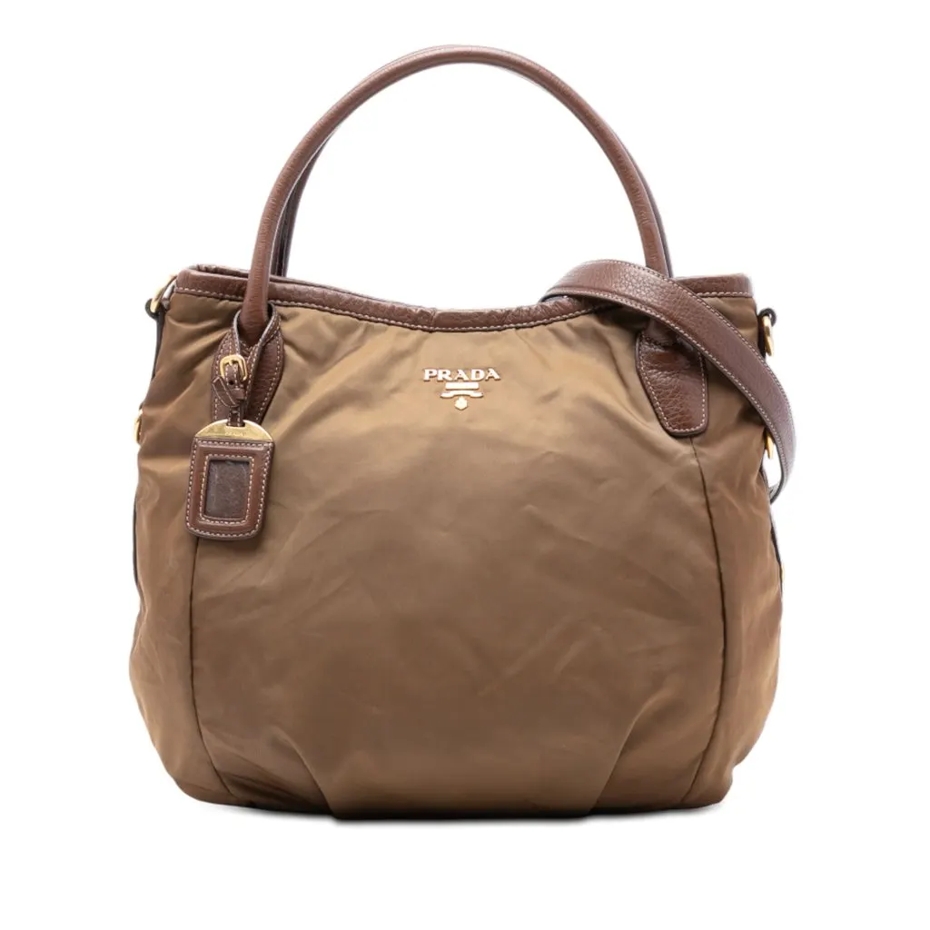Prada Vitello Daino Trimmed Tessuto Satchel Brown Very good - Front View
