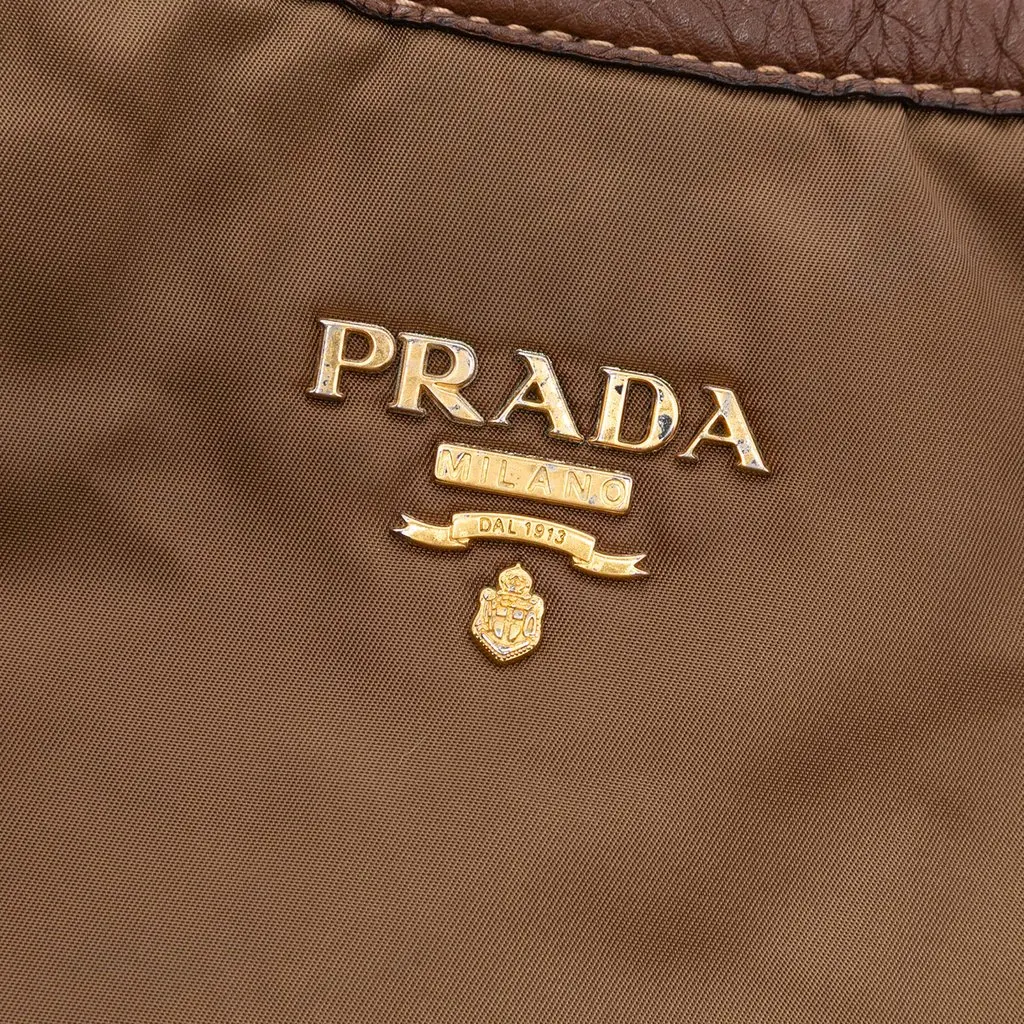 Prada Vitello Daino Trimmed Tessuto Satchel Brown Very good - Box View