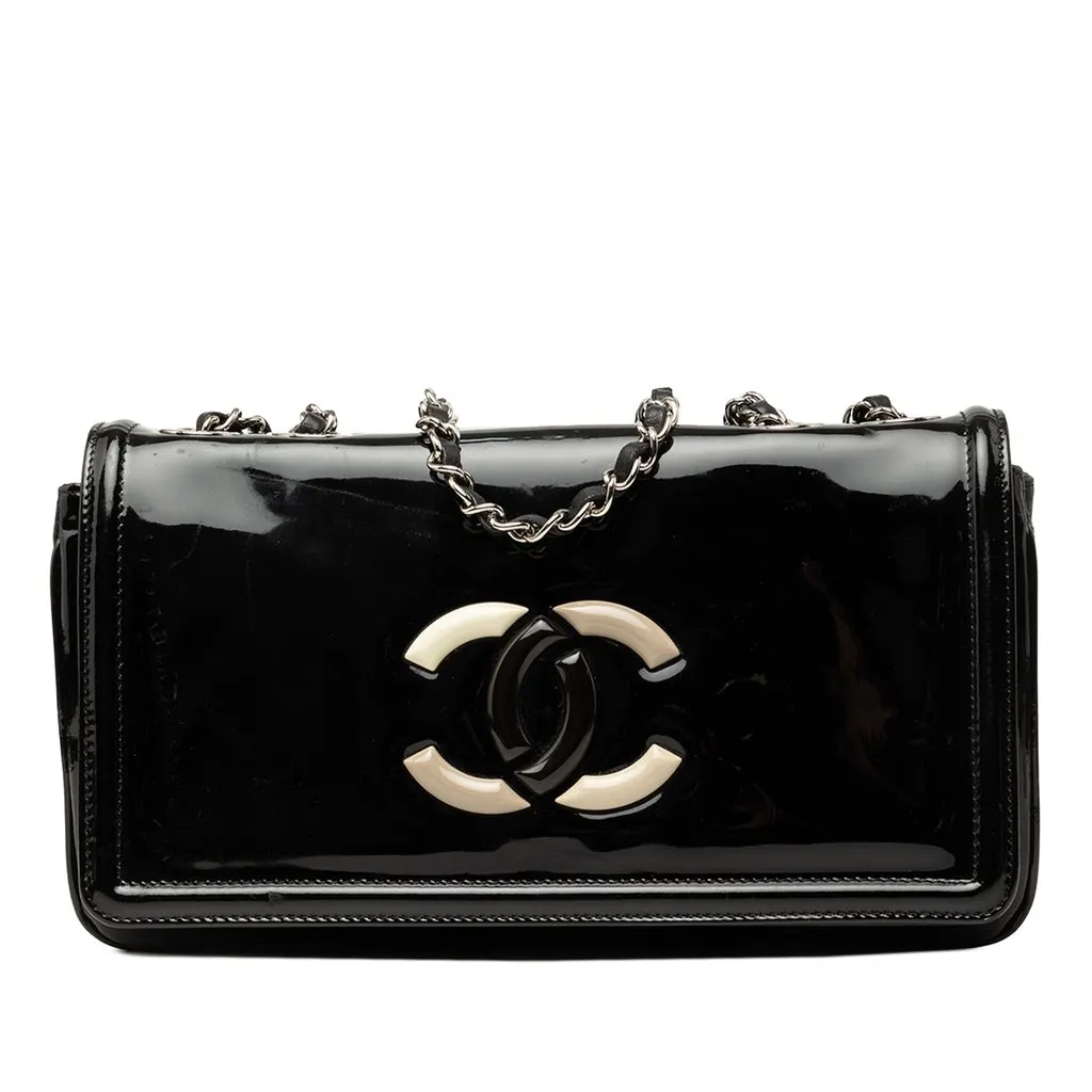 Chanel CC Patent Lipstick Ligne Flap Black Leather Very good - Front View