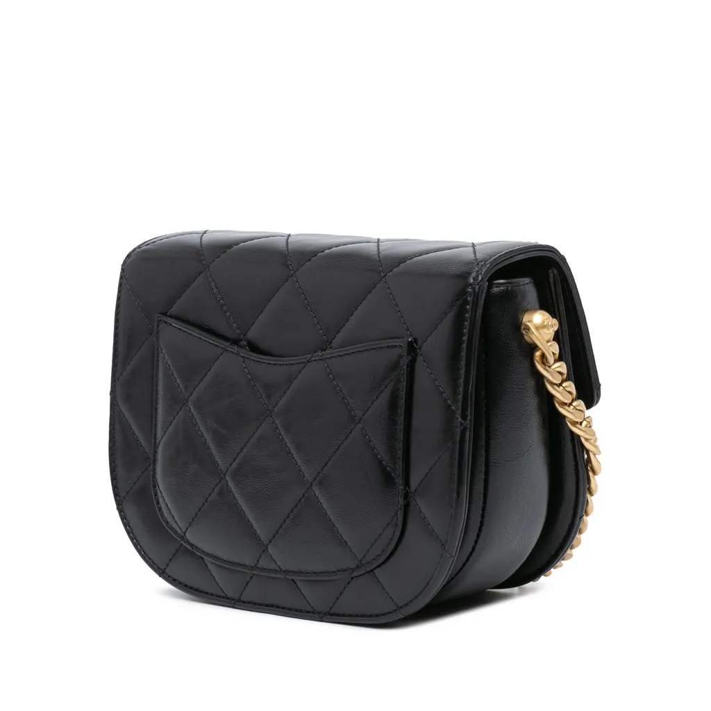 Chanel CC Quilted Calfskin Round Moon Messenger Flap Black Leather Very good - Back View