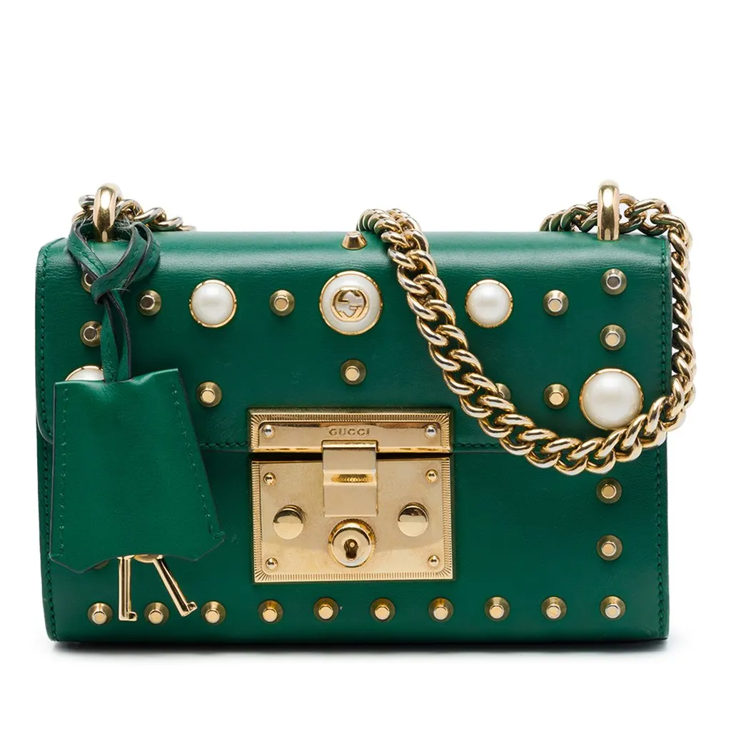 Gucci Small Pearl Studded Leather Padlock Crossbody Green Leather Very good - Front View
