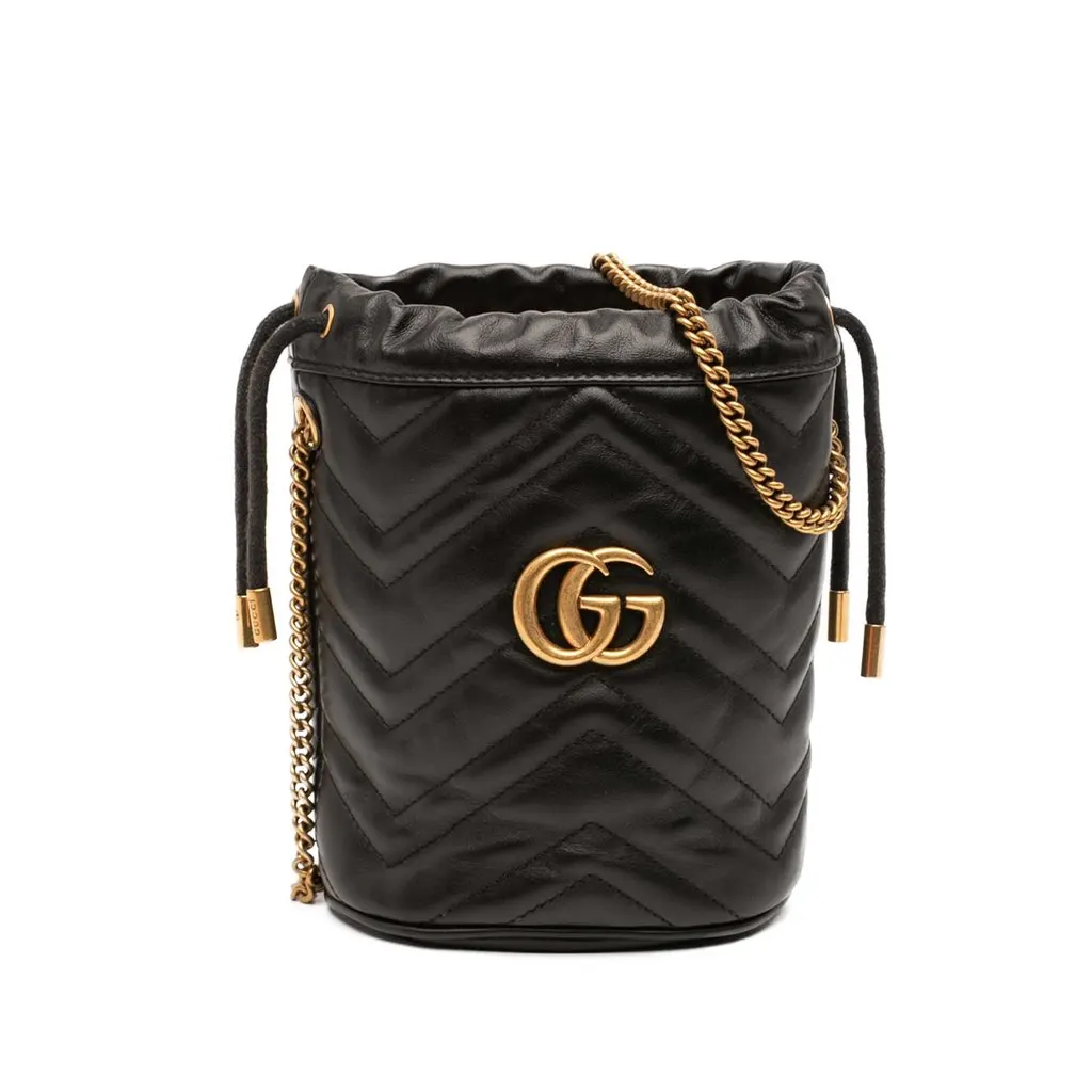Gucci Small GG Marmont Matelasse Calfskin Bucket Bag Black Leather Good - Front View