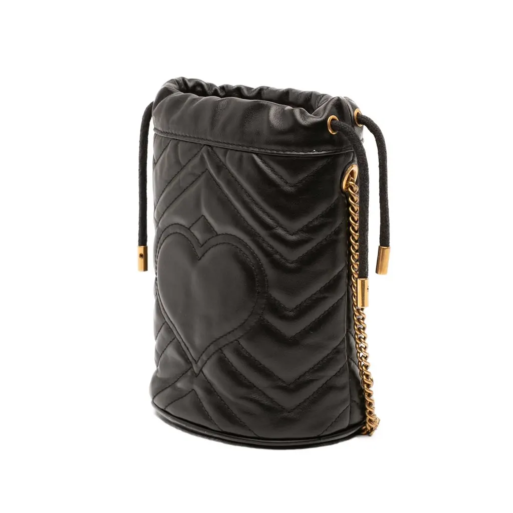 Gucci Small GG Marmont Matelasse Calfskin Bucket Bag Black Leather Good - Back View