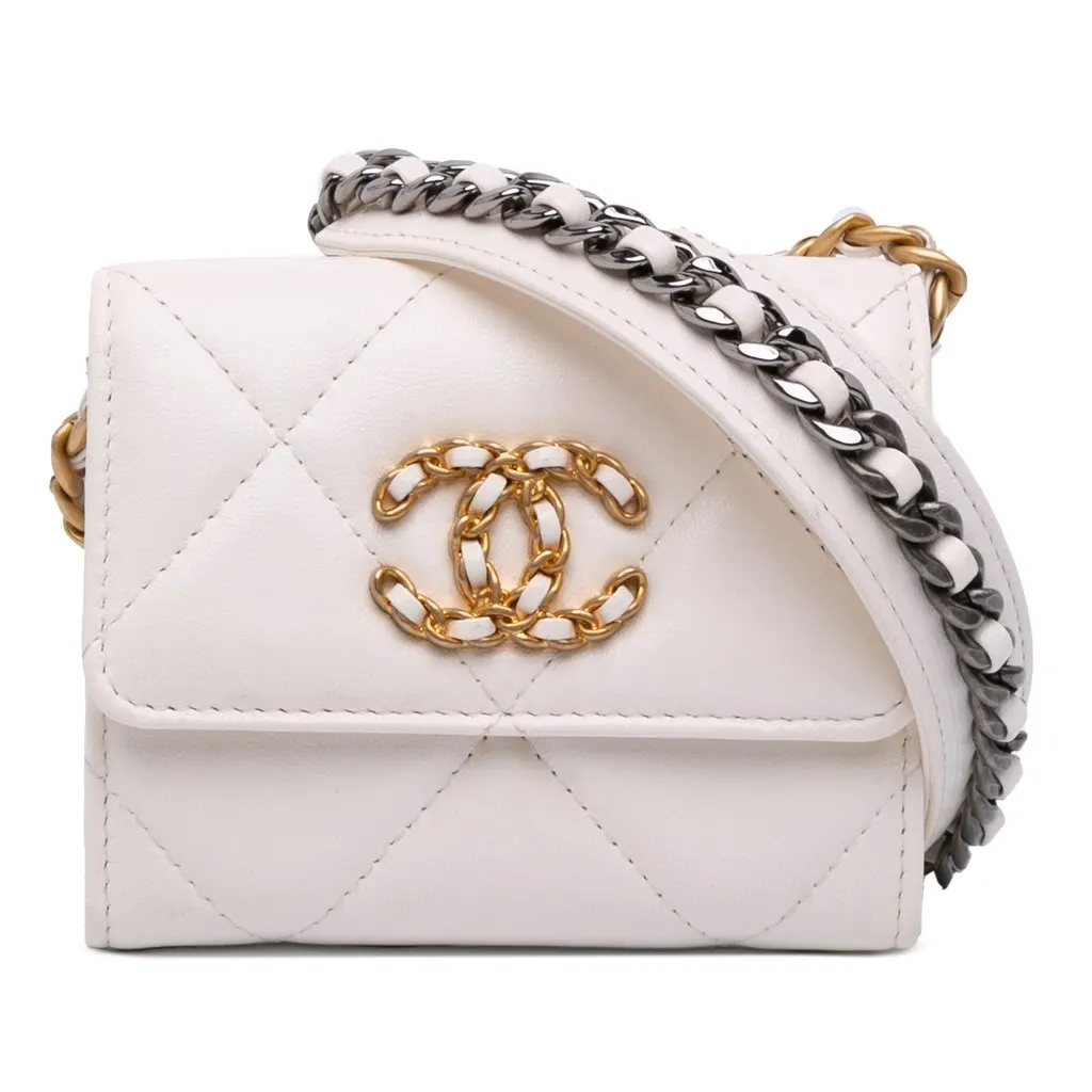 Chanel Quilted Lambskin Chanel 19 Card Holder On Chain White Leather Very good - Front View